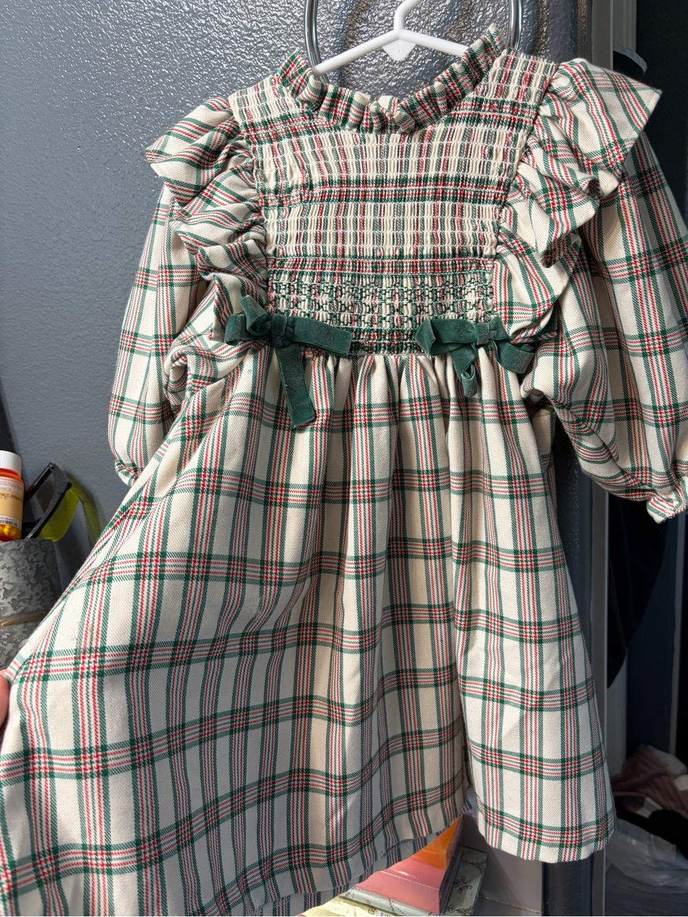 Bonnie Jean Cream Plaid Dress with Green and Red Accents